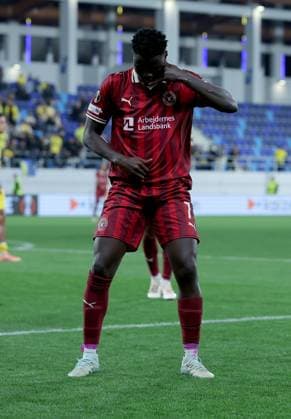 Maccabi Tel-Aviv v Midtjylland, UEFA Europa League 2025 2026 Backa Topola, Serbia. 23rd October 2025. Midtjylland s Dju Franculino celebrates goal during the UEFA Europa League football match between Maccabi Tel-Aviv and Midtjylland in Backa Topola, Serbia on Oct. 23, 2025. Backa Topola Serbia Copyright: xPedjaxMilosavljevic STARSPORTx x