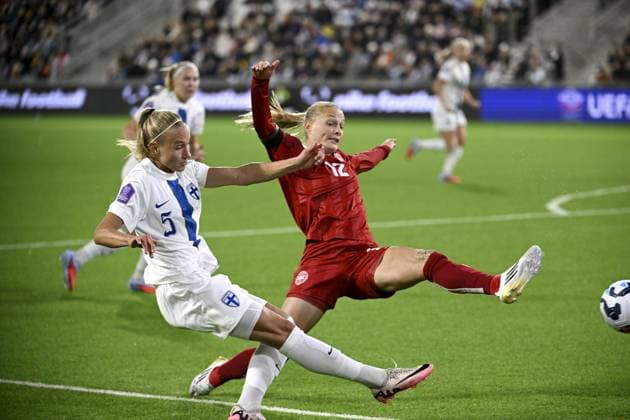 Finnish Emma Koivisto (left) and Danish Stine Sandbech in action during women s Nations s League football match Finland vs Denmark in Tampere, Finland on 24th October, 2025. Tampere Finland LKFTJK20251024190726DSEN  Copyright: xAnttixAimo-Koivistox LKFTJK20251024190726DSEN
