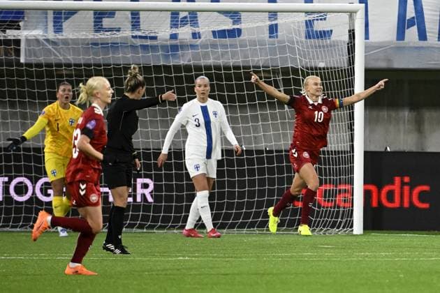Danish Sofie Svava (2nd left) and Pernille Harder (right) celebrating 0-1 goal by Emma Snerle (not in pic) during women s Nations s League football match Finland vs Denmark in Tampere, Finland on 24th October, 2025. Finnish goalkeeper Anna Koivunen argues on the left and Eve Nyström is in the middle. Tampere Finland LKFTJK20251024191130LVRJ  Copyright: xAnttixAimo-Koivistox LKFTJK20251024191130LVRJ