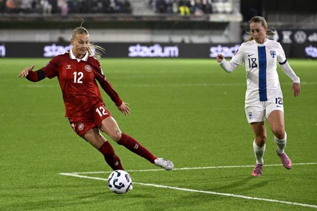 Danish Stine Sandbech (left) and Finnish Linda Sällström in action during women s Nations s League football match Finland vs Denmark in Tampere, Finland on 24th October, 2025. Tampere Finland LKFTJK20251024192307UPZO  Copyright: xAnttixAimo-Koivistox LKFTJK20251024192307UPZO
