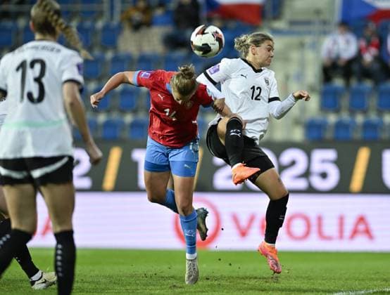 Opening match of the play-off to Group A of the League of Nations: Czech Republic - Austria in Uherske Hradiste, Czech Republic, October 24, 2025. From left Czech Michaela Khyrova, Laura Wienroither of Austria in action. (CTKxPhoto DaliborxGluck) CTKPhotoP2025102407029  CTKPhotoP2025102407029