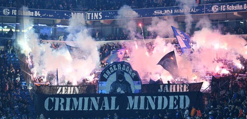 Soccer 2 Bundesliga 10 Matchday FC Schalke 04 SV Darmstadt 98 on 24 10 2025 at the Veltins Arena in Gelsenkirchen Fans of SV Darmstadt 98 ignite Bengalos Pyro Pyrotechnics Flares Smoke bombs in the fan block DFL regulations prohibit any use of photographs as image sequences and or quasi video xRx