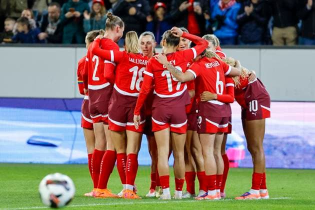 Goal celebration Switzerland at 1 0 by Alayah Pilgrim Switzerland, 20 , Switzerland, Womens soccer, Friendly match, Switzerland vs Canada, 24 10 2025, Swissporarena, Lucerne, Switzerland Lucerne Swissporarena Canton Lucerne Switzerland Copyright: xGrantxHubbsx