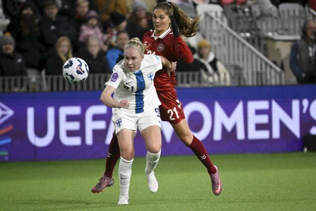 Milja Kiviranta of Finland and Mille Gejl of Denmark during the women s Nations s League football match Finland vs Denmark in Tampere, Finland on 24th October, 2025. Tampere Finland LKFTJK20251024202854YXKL  Copyright: xAnttixAimo-Koivistox LKFTJK20251024202854YXKL