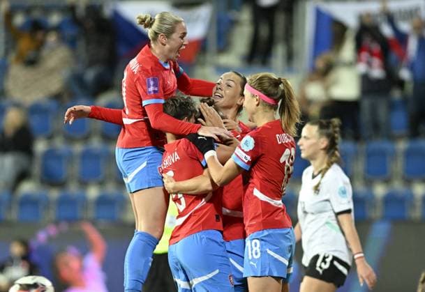 Opening match of the play-off to Group A of the League of Nations: Czech Republic - Austria in Uherske Hradiste, Czech Republic, October 24, 2025. Soccer players of Czech Republic celebrate goal. (CTKxPhoto DaliborxGluck) CTKPhotoP2025102407623  CTKPhotoP2025102407623