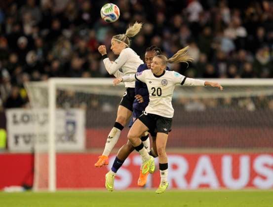 Photo Elisa Senss Senß and Kathrin HENDRICH Germany during a header against Sandy BALTIMORE France Womens international soccer match on Fri 24 10 2025 in Düsseldorf Germany France