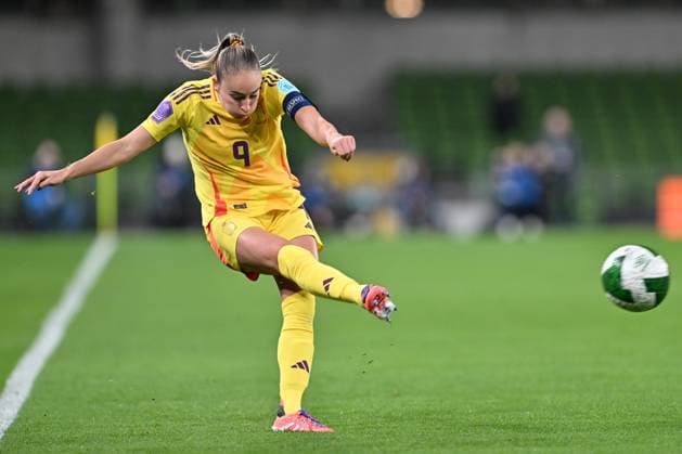 IRELAND VS BELGIUM Tessa Wullaert (9) of Belgium pictured during a women football game between the national teams of the republic of Ireland and Belgium, called the Red Flames for the first leg of the Promotion relegation play-off in the Uefa Womens Nations League 2025, on Friday 24 October 2025 in Dublin , IRELAND . Photo Sportpix David Catry Dublin Aviva Stadium IRELAND  Copyright: xSportpix.bex xDavidxCatryxDavidxCatryx