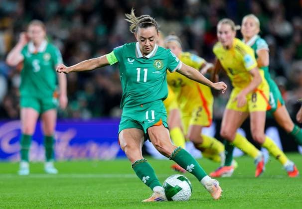 2025 UEFA Women s Nations League Promotion Relegation Play-off First Leg, Aviva Stadium, Dublin 24 10 2025 Republic of Ireland WNT vs Belgium Ireland™s Katie McCabe scores a penalty Katie McCabe scores a penalty 24 10 2025  Copyright: x INPHO RyanxByrnex RB1_9625