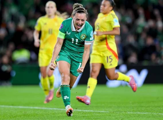 2025 UEFA Women s Nations League Promotion Relegation Play-off First Leg, Aviva Stadium, Dublin 24 10 2025 Republic of Ireland WNT vs Belgium Ireland™s Katie McCabe celebrates scoring a penalty Katie McCabe celebrates scoring a penalty 24 10 2025  Copyright: x INPHO RyanxByrnex RB1_9684