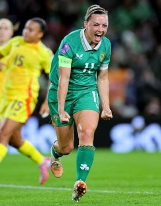 2025 UEFA Women s Nations League Promotion Relegation Play-off First Leg, Aviva Stadium, Dublin 24 10 2025 Republic of Ireland WNT vs Belgium Ireland™s Katie McCabe celebrates scoring a penalty Katie McCabe celebrates scoring a penalty 24 10 2025  Copyright: x INPHO RyanxByrnex RB1_9689
