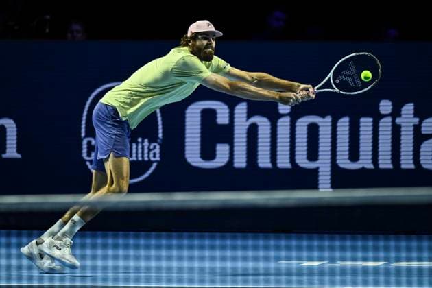 24th October 2025; St. Jakobshalle, Basel, Switzerland; 2025 ATP, Tennis Herren Swiss Indoor Tennis Day 6; Reilly Opelka (USA) in action during the match against Ugo Humbert (FRA) in the quarter finals  DavidxEmm