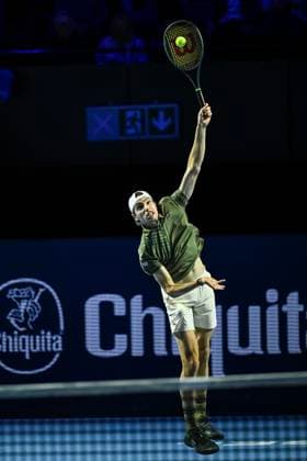 24th October 2025; St. Jakobshalle, Basel, Switzerland; 2025 ATP, Tennis Herren Swiss Indoor Tennis Day 6; Ugo Humbert (FRA) in action during the match against Reilly Opelka (USA) in the quarter finals  DavidxEmm