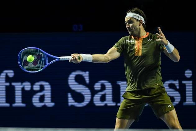 24th October 2025; St. Jakobshalle, Basel, Switzerland; 2025 ATP, Tennis Herren Swiss Indoor Tennis Day 6; Casper Ruud (DEN) in action during the match against Alejandro Davidovich Fokina (ESP) in the quarter finals  DavidxEmm