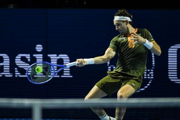24th October 2025; St. Jakobshalle, Basel, Switzerland; 2025 ATP, Tennis Herren Swiss Indoor Tennis Day 6; Casper Ruud (DEN) in action during the match against Alejandro Davidovich Fokina (ESP) in the quarter finals  DavidxEmm