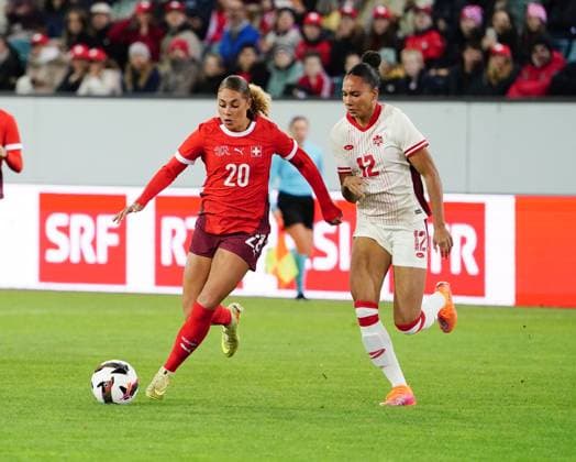 24 10 2025 Lucerne Switzerland Women International ,Test match season 2025 2026 Switzerland Canada 1 0 Image Goalkeeper Alayah Polgrim SUI vs Jade Rose CAN r Action duel