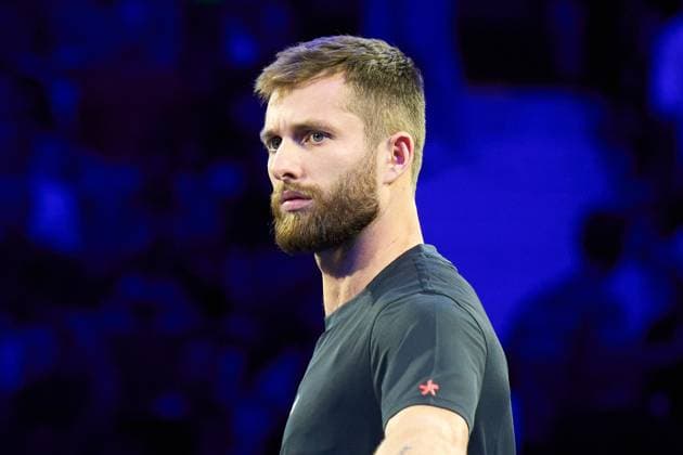 Close-up of Corentin Moutet of France during warm uo for the Quarter-finals match against Lorenzo Musetti of Italy at Erste Bank Open 2025 at Wiener Stadthalle on October 24, 2025 in Vienna, Austria. (Photo by Camilla Stolen, Imago) Vienna Austria Copyright: xCamillaxStolenx L1074132