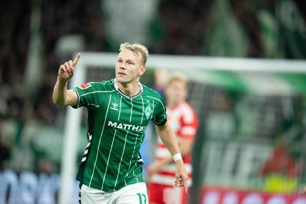 SV Werder Bremen vs Union Berlin Bundesliga Matchday 8 Marco Grüll of SV Werder Bremen celebrates after scoring a goal during the Bundesliga Matchday 8 against 1. FC Union Berlin at Weser-Stadion in Bremen, Germany, on October 24, 2025. Copyright: xTaiseixIwamotox
