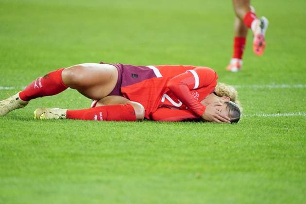 24 10 2025 Lucerne Switzerland Women International ,Test match season 2025 2026 Switzerland Canada 1 0 Image Goalkeeper Alayah Polgrim SUI injured on the ground Action single image