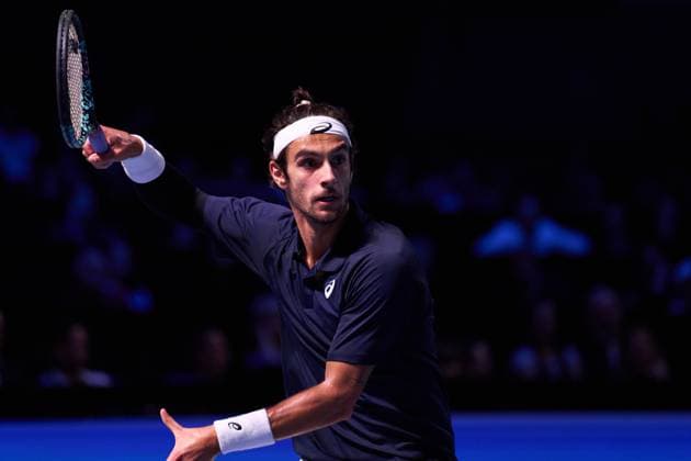 Lorenzo Musetti of Italy returns a forehand to Corentin Moutet of France during the Quarter-finals match at Erste Bank Open 2025 at Wiener Stadthalle on October 24, 2025 in Vienna, Austria. (Photo by Camilla Stolen, Imago) Vienna Austria Copyright: xCamillaxStolenx L1074382