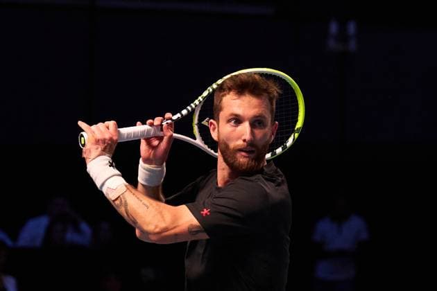 Corentin Moutet of France returns a backhand to Lorenzo Musetti of Italy during the Quarter-finals match at Erste Bank Open 2025 at Wiener Stadthalle on October 24, 2025 in Vienna, Austria. (Photo by Camilla Stolen, Imago) Vienna Austria Copyright: xCamillaxStolenx L1074430