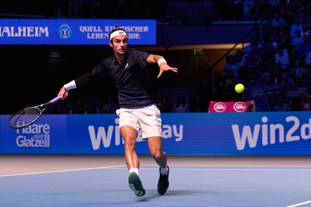 Lorenzo Musetti of Italy returns a forehand to Corentin Moutet of France during the Quarter-finals match at Erste Bank Open 2025 at Wiener Stadthalle on October 24, 2025 in Vienna, Austria. (Photo by Camilla Stolen, Imago) Vienna Austria Copyright: xCamillaxStolenx L1074660