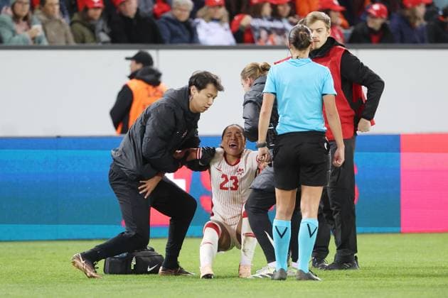 Switzerland Canada Olivia Smith Canada injured U16 Switzerland Montenegro 24 10 2025 Swissporarena Lucerne, SWITZERLAND, season 2025 2026 Womens soccer international national team Switzerland Canada Olivia Smith Canada has to leave the pitch injured with pain