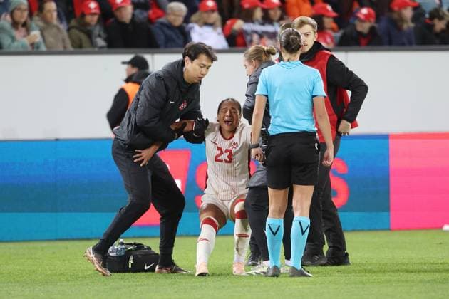 Switzerland Canada Olivia Smith Canada injured U16 Switzerland Montenegro 24 10 2025 Swissporarena Lucerne, SWITZERLAND, season 2025 2026 Womens soccer international national team Switzerland Canada Olivia Smith Canada has to leave the pitch injured with pain