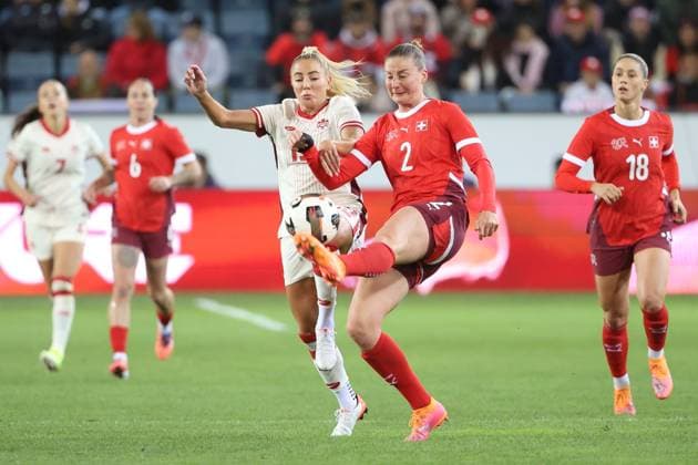 Switzerland Canada Adriana Leon vs Julia Stierli U16 Switzerland Montenegro 24 10 2025 Swissporarena Lucerne, SWITZERLAND, Season 2025 2026 Womens Soccer National Team Switzerland Canada Adriana Leon li,Canada vs Julia Stierli Switzerland