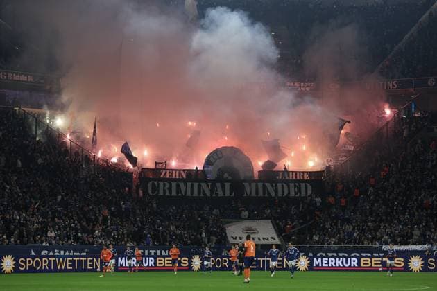 2 Bundesliga FC Schalke 04 SV Darmstadt 98 on 24 10 2025 at the Veltins Arena on Schalke The Darmstadt fans set off pyrotechnics in the visitors block MH