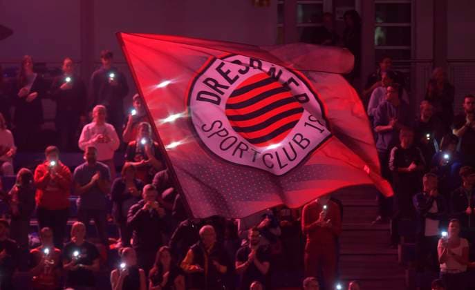 24 10 2025, DSC fans with flag, Volleyball, 1 Bundesliga, Dresdner SC VC Wiesbaden, c Dresden