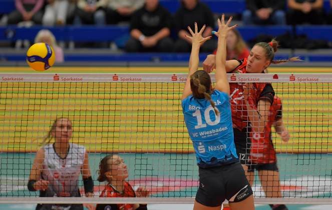 24 10 2025, Dresdens mette Pfeffer smashes against Wiesbadens Laura Broekstra, Volleyball, 1 Bundesliga, Dresdner SC VC Wiesbaden, c Dresden