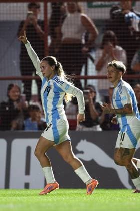 Argentina s midfielder Agostina Holzheier L celebrates after scoring the team™s second goal during the CONMEBOL Women s Nations League football match, qualifier for the 2027 World Cup in Brazil, between Argentina and Paraguay, at the Diego Armando Maradona stadium in Buenos Aires, Argentina on October 24, 2025 BUENOS AIRES ARGENTINA Copyright: xALEJANDROxPAGNIx