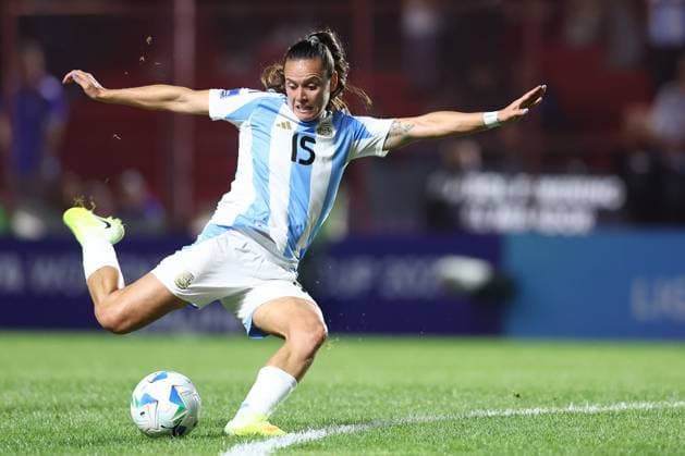 Argentina s midfielder Florencia Bonsegundo shoots the ball during the CONMEBOL Women s Nations League football match, qualifier for the 2027 World Cup in Brazil, between Argentina and Paraguay, at the Diego Armando Maradona stadium in Buenos Aires, Argentina on October 24, 2025 BUENOS AIRES ARGENTINA Copyright: xALEJANDROxPAGNIx