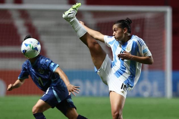 Argentina s midfielder Sofia Dominguez R shoots the ball during the CONMEBOL Women s Nations League football match, qualifier for the 2027 World Cup in Brazil, between Argentina and Paraguay, at the Diego Armando Maradona stadium in Buenos Aires, Argentina on October 24, 2025 BUENOS AIRES ARGENTINA Copyright: xALEJANDROxPAGNIx