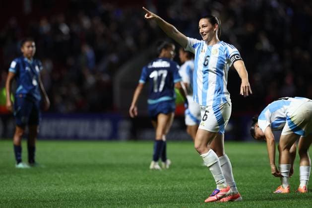 Argentina s defender Aldana Cometti R celebrates after scoring the team™s first goal during the CONMEBOL Women s Nations League football match, qualifier for the 2027 World Cup in Brazil, between Argentina and Paraguay, at the Diego Armando Maradona stadium in Buenos Aires, Argentina on October 24, 2025 BUENOS AIRES ARGENTINA Copyright: xALEJANDROxPAGNIx