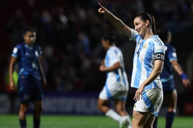 Argentina s defender Aldana Cometti R celebrates after scoring the team™s first goal during the CONMEBOL Women s Nations League football match, qualifier for the 2027 World Cup in Brazil, between Argentina and Paraguay, at the Diego Armando Maradona stadium in Buenos Aires, Argentina on October 24, 2025 BUENOS AIRES ARGENTINA Copyright: xALEJANDROxPAGNIx