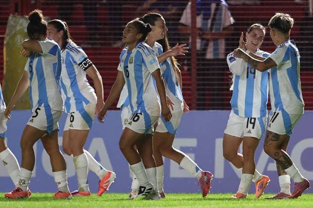 Argentina s midfielder Agostina Holzheier 2nd R celebrates with teammates after scoring the team™s second goal during the CONMEBOL Women s Nations League football match, qualifier for the 2027 World Cup in Brazil, between Argentina and Paraguay, at the Diego Armando Maradona stadium in Buenos Aires, Argentina on October 24, 2025 BUENOS AIRES ARGENTINA Copyright: xALEJANDROxPAGNIx