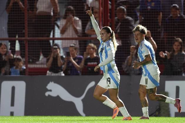 Argentina s midfielder Agostina Holzheier C celebrates after scoring the team™s second goal during the CONMEBOL Women s Nations League football match, qualifier for the 2027 World Cup in Brazil, between Argentina and Paraguay, at the Diego Armando Maradona stadium in Buenos Aires, Argentina on October 24, 2025 BUENOS AIRES ARGENTINA Copyright: xALEJANDROxPAGNIx