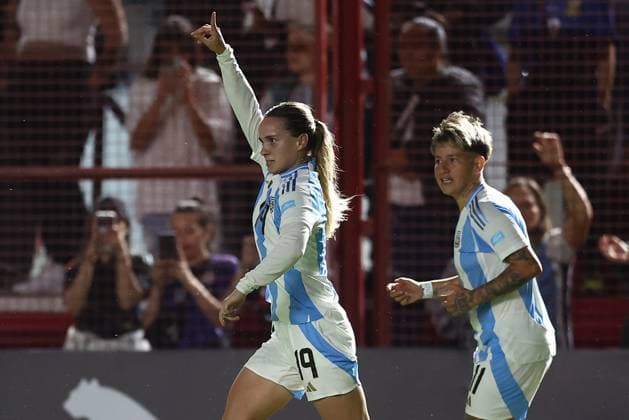 Argentina s midfielder Agostina Holzheier L celebrates after scoring the team™s second goal during the CONMEBOL Women s Nations League football match, qualifier for the 2027 World Cup in Brazil, between Argentina and Paraguay, at the Diego Armando Maradona stadium in Buenos Aires, Argentina on October 24, 2025 BUENOS AIRES ARGENTINA Copyright: xALEJANDROxPAGNIx