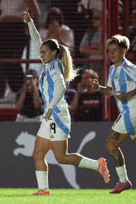 Argentina s midfielder Agostina Holzheier L celebrates after scoring the team™s second goal during the CONMEBOL Women s Nations League football match, qualifier for the 2027 World Cup in Brazil, between Argentina and Paraguay, at the Diego Armando Maradona stadium in Buenos Aires, Argentina on October 24, 2025 BUENOS AIRES ARGENTINA Copyright: xALEJANDROxPAGNIx