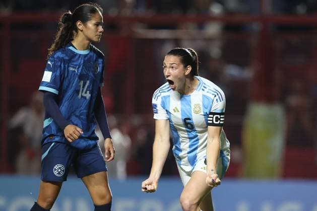 Argentina s defender Aldana Cometti R celebrates after scoring the team™s first goal during the CONMEBOL Women s Nations League football match, qualifier for the 2027 World Cup in Brazil, between Argentina and Paraguay, at the Diego Armando Maradona stadium in Buenos Aires, Argentina on October 24, 2025 BUENOS AIRES ARGENTINA Copyright: xALEJANDROxPAGNIx