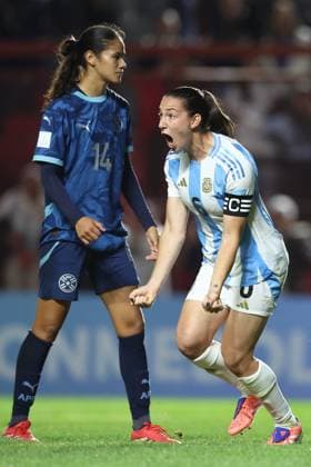 Argentina s defender Aldana Cometti R celebrates after scoring the team™s first goal during the CONMEBOL Women s Nations League football match, qualifier for the 2027 World Cup in Brazil, between Argentina and Paraguay, at the Diego Armando Maradona stadium in Buenos Aires, Argentina on October 24, 2025 BUENOS AIRES ARGENTINA Copyright: xALEJANDROxPAGNIx