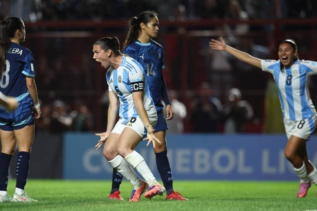 Argentina s defender Aldana Cometti C celebrates after scoring the team™s first goal during the CONMEBOL Women s Nations League football match, qualifier for the 2027 World Cup in Brazil, between Argentina and Paraguay, at the Diego Armando Maradona stadium in Buenos Aires, Argentina on October 24, 2025 BUENOS AIRES ARGENTINA Copyright: xALEJANDROxPAGNIx