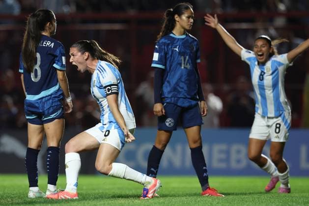Argentina s defender Aldana Cometti 2nd L celebrates after scoring the team™s first goal during the CONMEBOL Women s Nations League football match, qualifier for the 2027 World Cup in Brazil, between Argentina and Paraguay, at the Diego Armando Maradona stadium in Buenos Aires, Argentina on October 24, 2025 BUENOS AIRES ARGENTINA Copyright: xALEJANDROxPAGNIx