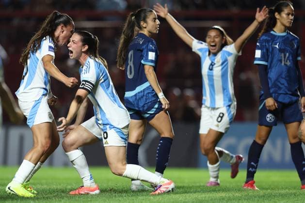 Argentina s defender Aldana Cometti 2nd L celebrates with teammates after scoring the team™s first goal during the CONMEBOL Women s Nations League football match, qualifier for the 2027 World Cup in Brazil, between Argentina and Paraguay, at the Diego Armando Maradona stadium in Buenos Aires, Argentina on October 24, 2025 BUENOS AIRES ARGENTINA Copyright: xALEJANDROxPAGNIx