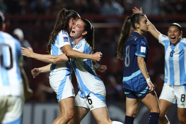 Argentina s defender Aldana Cometti C celebrates with teammates after scoring the team™s first goal during the CONMEBOL Women s Nations League football match, qualifier for the 2027 World Cup in Brazil, between Argentina and Paraguay, at the Diego Armando Maradona stadium in Buenos Aires, Argentina on October 24, 2025 BUENOS AIRES ARGENTINA Copyright: xALEJANDROxPAGNIx