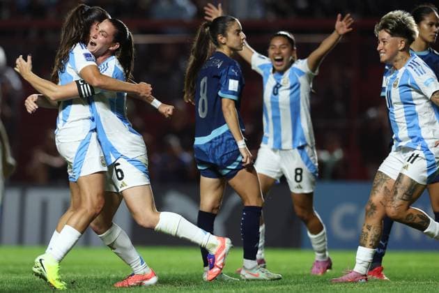 Argentina s defender Aldana Cometti 2nd L celebrates with teammates after scoring the team™s first goal during the CONMEBOL Women s Nations League football match, qualifier for the 2027 World Cup in Brazil, between Argentina and Paraguay, at the Diego Armando Maradona stadium in Buenos Aires, Argentina on October 24, 2025 BUENOS AIRES ARGENTINA Copyright: xALEJANDROxPAGNIx