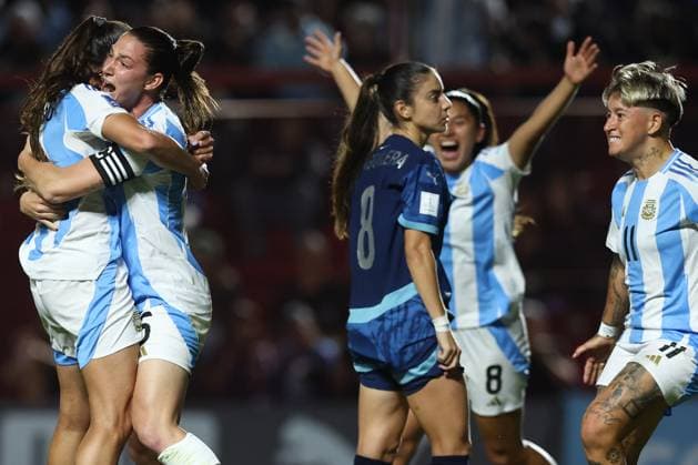 Argentina s defender Aldana Cometti 2nd L celebrates with teammates after scoring the team™s first goal during the CONMEBOL Women s Nations League football match, qualifier for the 2027 World Cup in Brazil, between Argentina and Paraguay, at the Diego Armando Maradona stadium in Buenos Aires, Argentina on October 24, 2025 BUENOS AIRES ARGENTINA Copyright: xALEJANDROxPAGNIx