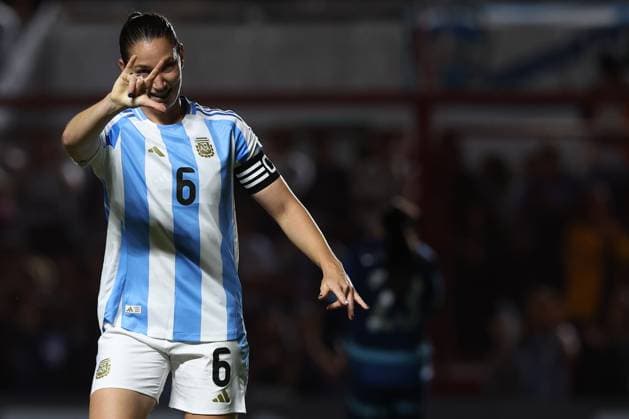 Argentina s defender Aldana Cometti celebrates after scoring the team™s first goal during the CONMEBOL Women s Nations League football match, qualifier for the 2027 World Cup in Brazil, between Argentina and Paraguay, at the Diego Armando Maradona stadium in Buenos Aires, Argentina on October 24, 2025 BUENOS AIRES ARGENTINA Copyright: xALEJANDROxPAGNIx