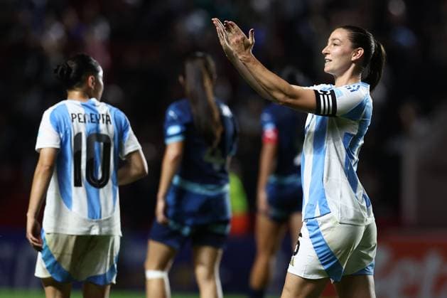Argentina s defender Aldana Cometti R celebrates after scoring the team™s first goal during the CONMEBOL Women s Nations League football match, qualifier for the 2027 World Cup in Brazil, between Argentina and Paraguay, at the Diego Armando Maradona stadium in Buenos Aires, Argentina on October 24, 2025 BUENOS AIRES ARGENTINA Copyright: xALEJANDROxPAGNIx
